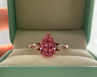 3 carat pear cut vivid pink engagement ring in rose gold vermeil, three stone pink ring, gift for her, rose gold  ring