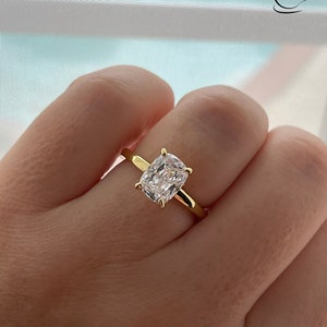 The Madison. Hidden halo. Yellow Gold over Sterling Silver 925 2.5CT elongated cushion cut Solitare engagement ring with hidden halo.
