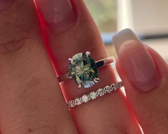2 carat oval cut green moissanite engagement ring set, gold vermeil green moissanite ring, green stone ring, gift for her