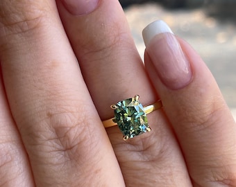 3 carat cushion cut green moissanite engagement ring. Sterling silver 925, gold vermeil green moissanite ring. May birthstone ring.