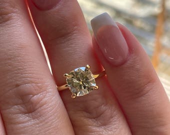 2.5 carat cushion cut champagne moissanite engagement ring, gold vermeil cushion cut ring, sterling silver moissanite ring, gift for her