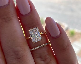 Sterling Silver 925 , gold vermeil Bridal Set with 3 carat  Radiant Cut CZ engagement ring with hidden halo and full eternity band
