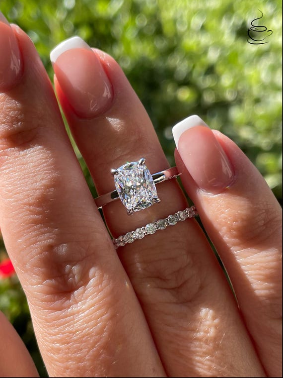 Moissanite ring. Sterling Silver 925, Yellow gold vermeil Bridal Set with 2.5CT Elongated Cushion Cut engagement ring & half eternity band.