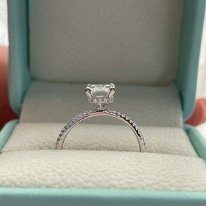 The Harmony. Hidden Halo. Sterling Silver 925 engagement ring with 2.2CT radiant cut CZ simulated diamond and hidden halo, extra thin band image 5
