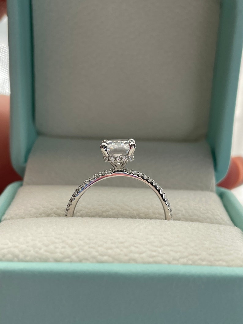 The Harmony. Hidden Halo. Sterling Silver 925 engagement ring with 2.2CT radiant cut CZ simulated diamond and hidden halo, extra thin band image 5