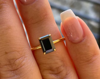 Black moissanite engagement ring, yellow gold vermeil , silver 925 emerald cut ring with black moissanite, black stone ring
