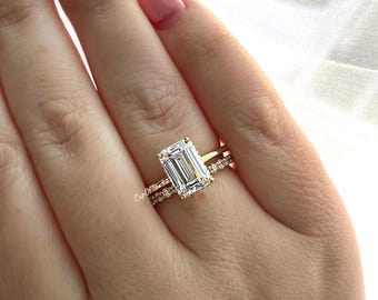 3CT Emerald Cut moissanite verlovingsring bezet met verborgen halo, geelgouden vermeil moissaniet bruidsset, sterlingzilveren verlovingsring
