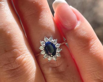 Blue sapphire engagement ring, sterling silver 925 engagement ring with natural sapphire, gift for her