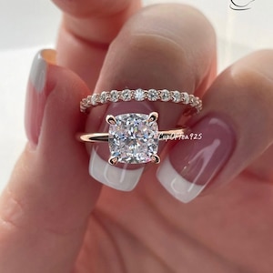Rose Gold, yellow gold, white gold over Sterling Silver 925 Bridal Set with 3CT Cushion Cut Solitare engagement ring and half eternity band.