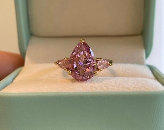 Pink diamond ring, pear cut vivid pink engagement ring in yellow gold vermeil, three stone pink ring, gift for her, proposal ring