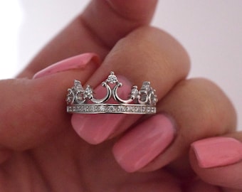 Rose Gold Princess Tops Crystal Ring Royal Crown Silver Lady Rose Gold Princess Tops Crystal Ring Royal Crown Silver Lady