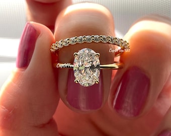 Geelgoud, roségoud op sterlingzilver, sterlingzilver 925 bruidsset met 3,5 kt, 2,5 kt ovaal geslepen solitaire en halfeternity-band