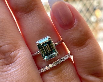 3 carat emerald cut green moissanite engagement ring set, silver ring , gold vermeil green moissanite ring, green stone ring, gift for her