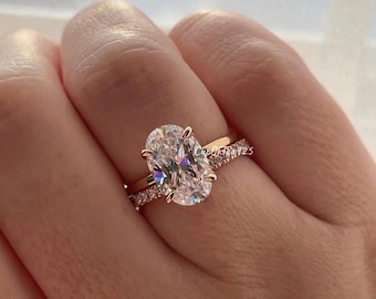 Gelbgold Vermeil, Rose Gold Vermeil,Silber 925 Verlobungsring mit 2.5ct, 3.5ct Ovalschliff mit verstecktem Heiligenschein & Ehering