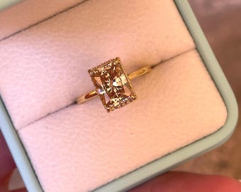 3 carat radiant cut champagne moissanite engagement ring with hidden halo, gold vermeil moissanite ring, silver moissanite ring gift for her