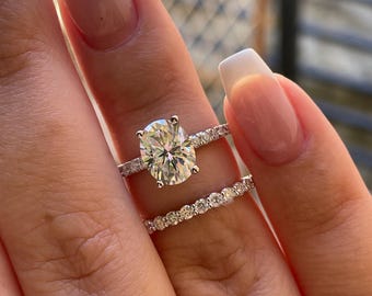 Oval Cut Moissanite Engagement Ring Set , Sterling Silver with 14K Gold or Rhodium Finish Half Eternity Band, proposal ring, 2 carat ring