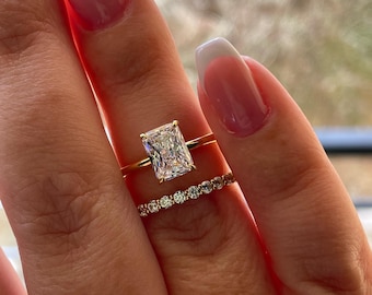Sterling Silver 925 , gold vermeil Bridal Set with 2 carat  Radiant Cut CZ engagement ring with hidden halo and half eternity band