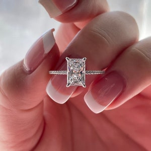 The Harmony. Hidden Halo. Sterling Silver 925 engagement ring with 2.2CT radiant cut CZ simulated diamond and hidden halo, extra thin band image 2