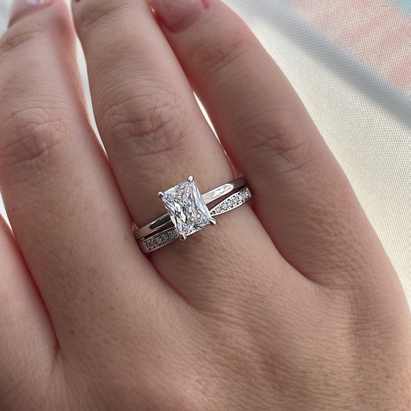 New In! Sterling Silver 925 Bridal Set with 2CT CZ Radiant Cut Solitare and half eternity moissanite band.