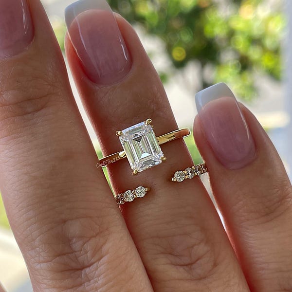 Moissanite Emerald cut Engagement Ring Set with open wedding band, Yellow Gold Vermeil Bridal Jewelry, Sterling silver Moissanite Ring