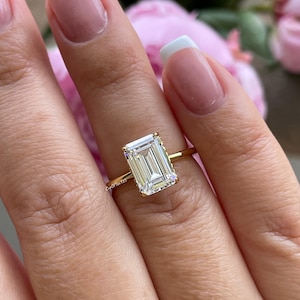 Moissanite engagement ring, Yellow gold over sterling silver 925 engagement ring with 2CT, 3CT emerald cut simulated diamond on  dainty band