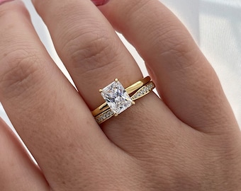 New In! Yellow Gold over Sterling Silver 925 Bridal Set with 2CT Radiant Cut Solitare and half eternity moissanite band.