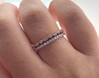 Moissanite Art Deco Band and Half eternity band in Rose Gold Vermeil, wedding band, stacking rings, moissanite band