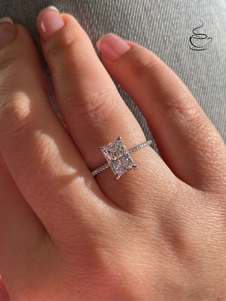 The Harmony. Hidden Halo. Sterling Silver 925 engagement ring with 2.2CT radiant cut CZ simulated diamond and hidden halo, extra thin band image 8