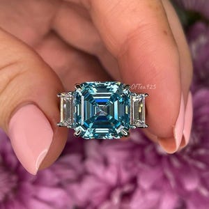 Sterling Silver 925 engagement ring with 7CT Blue Aquamarine Asscher Cut Simulated Diamond