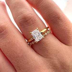 New In! Yellow gold vermeil bridal set with 2CT radiant cut solitaire and art deco half eternity Moissanite band