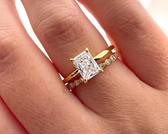 New In! Yellow gold vermeil bridal set with 2CT radiant cut solitaire and art deco half eternity Moissanite band