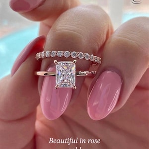 Rose Gold Sterling Silver Bridal Set: 2CT Radiant Cut CZ & Half Eternity Band