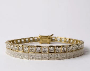 18K Yellow Gold Vermeil Tennis Bracelet with the Finest princess cut 5A CZ Diamonds
