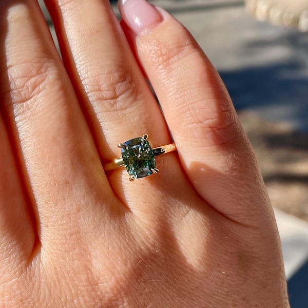 3 carat cushion cut green moissanite engagement ring. Sterling silver 925, gold vermeil green moissanite ring. May birthstone ring.