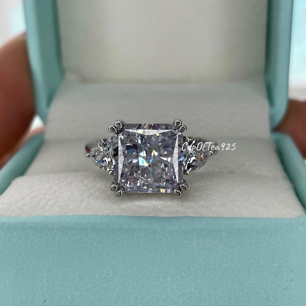 Sterling Silver 925 engagement ring with 3CT 5CT crushed ice square radiant cut 8A CZ  diamond, 3 stone ring