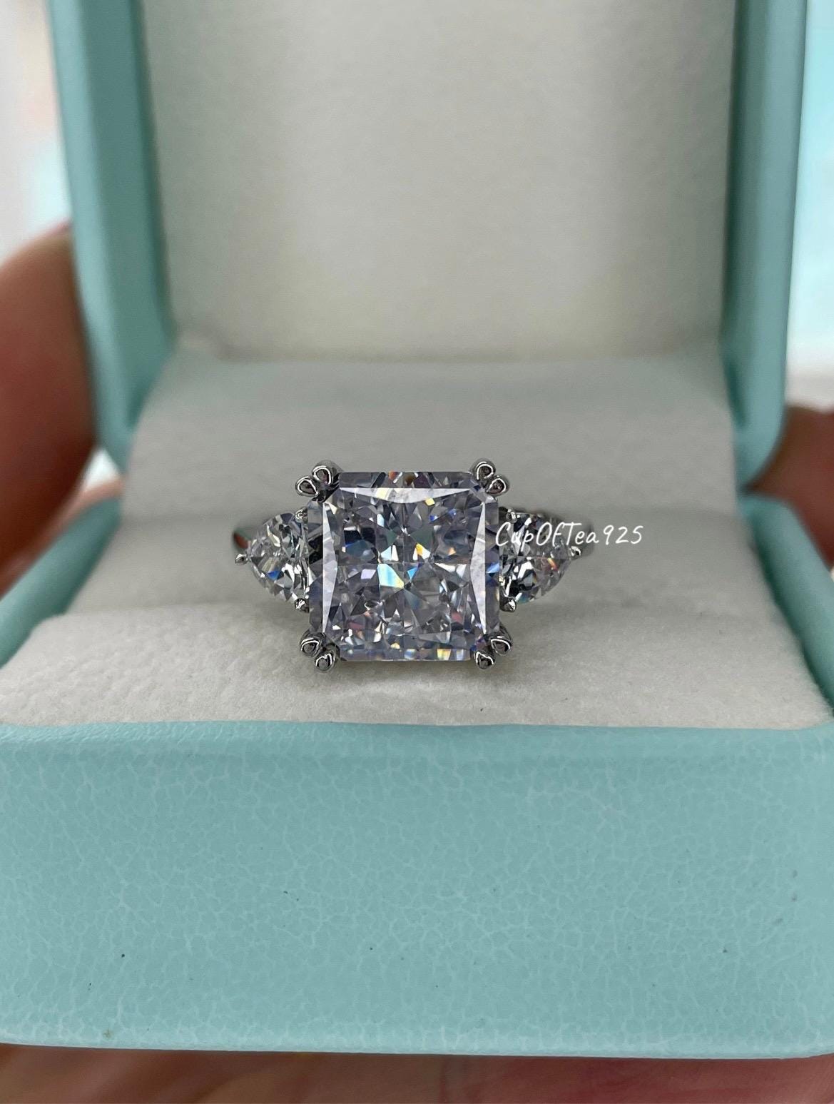 Sterling Silver 925 engagement ring with 3CT 5CT crushed ice square radiant cut 8A CZ  diamond, 3 stone ring