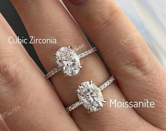 Hidden Halo. Sterling Silver 925 engagement ring with 2.5CT oval cut D VVS moissanite or CZ diamonds,yellow gold,rose gold