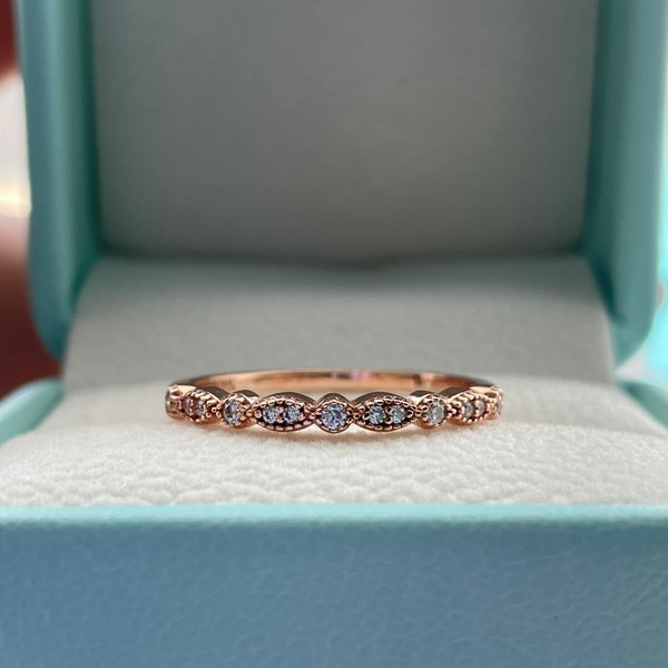 Moissanite. Milgrain Marquese and dot half eternity band with round brilliant cut moissanites in Sterling Silver or Rose Gold Vermeil