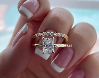 Yellow Gold over Sterling Silver 925 Bridal Set with 2CT Radiant Cut Solitare and half eternity band, engagement ring, travel ring