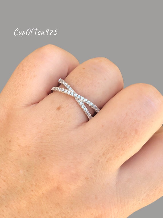 Sterling Silver 925 Criss Cross Ring With CZ Diamonds or