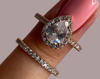 Set di 2 anelli di fidanzamento Vermeil in oro rosa Anello promessa a goccia a forma di pera