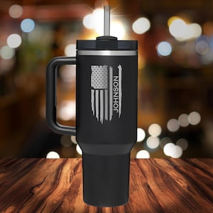 American Flag Personalized Tumbler, USA Custom Engraved Travel Mug, Memorial Day Stainless Steel 40oz Mug with Handle, Gift for Veteran