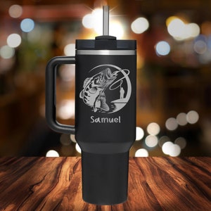 Vaso de pesca grabado personalizado, taza de viaje de acero inoxidable personalizada para pescador, regalo para él, taza de 40 oz con asa, equipo para exteriores