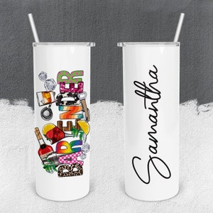 May include: Two white stainless steel tumblers with lids and straws. One tumbler has a colorful graphic of the word "Bartender" with cocktail-related imagery. The other tumbler has the name "Samantha" written in black cursive.