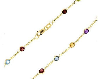 14K Anklet in Yellow Gold Cable Chain Link Multi Color Round Faceted  Station Stone