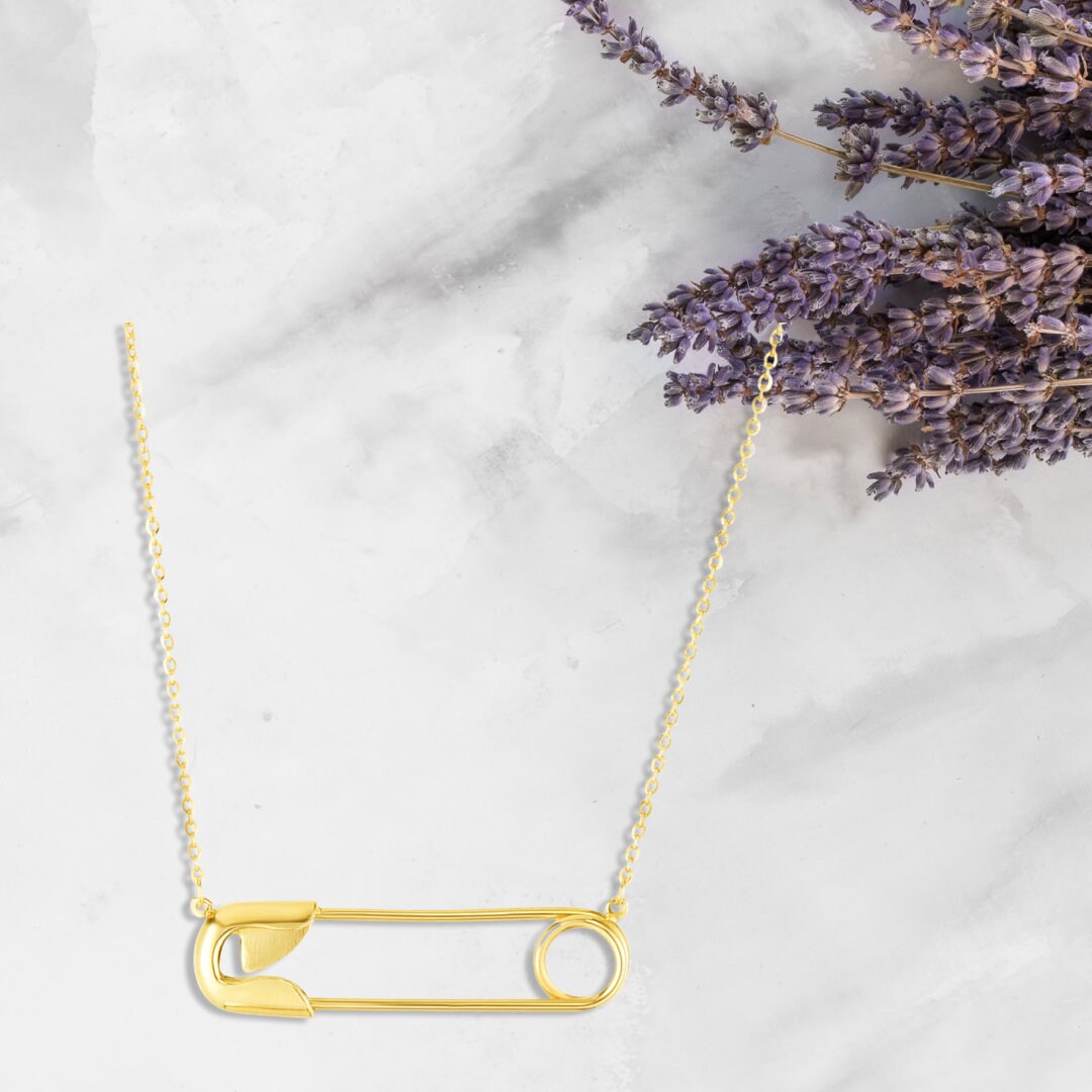 14K Yellow Gold Safety Pin Necklace Etsy