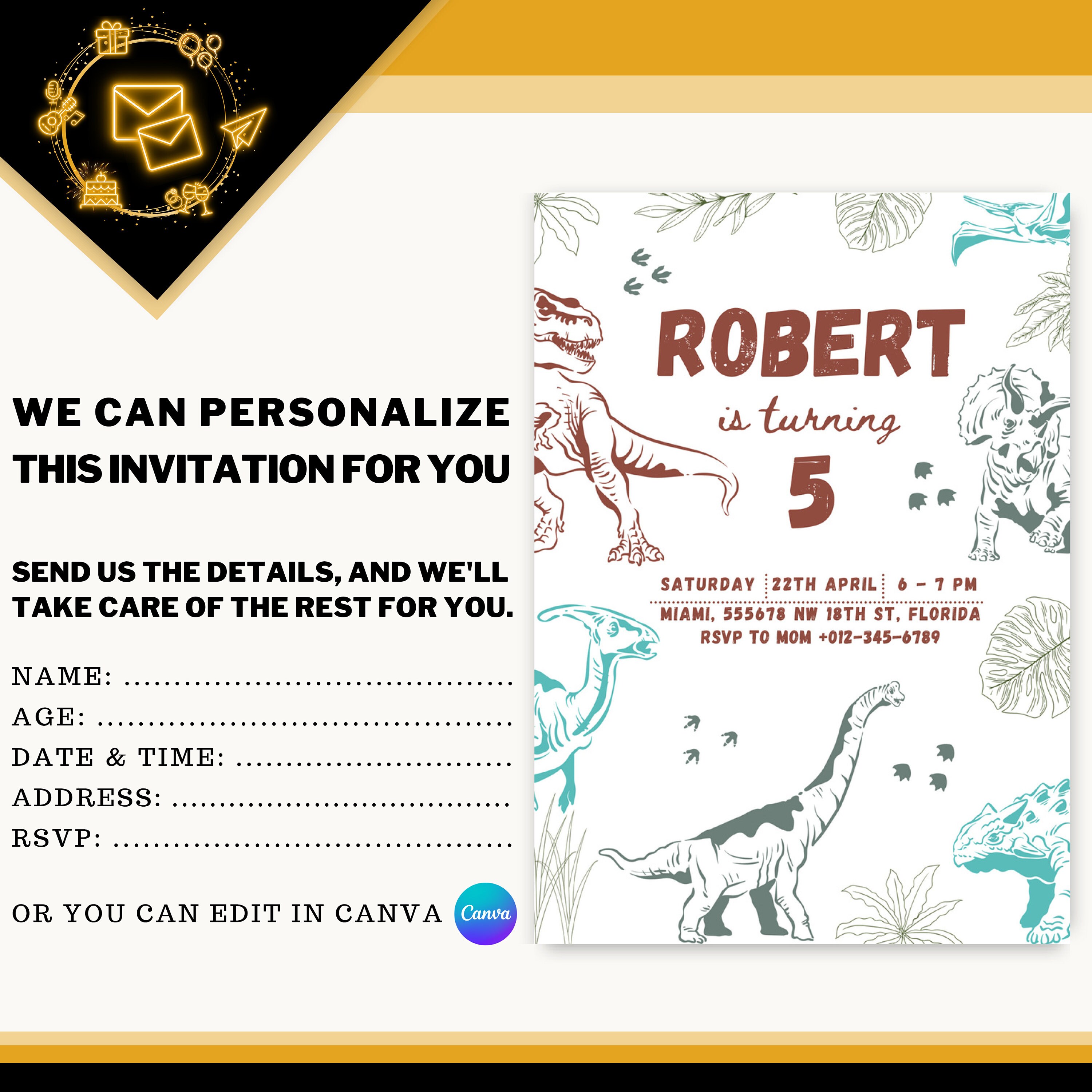 Dinosaur Birthday Editable Invitation, Dinosaur Theme Party, 5 Year Old ...