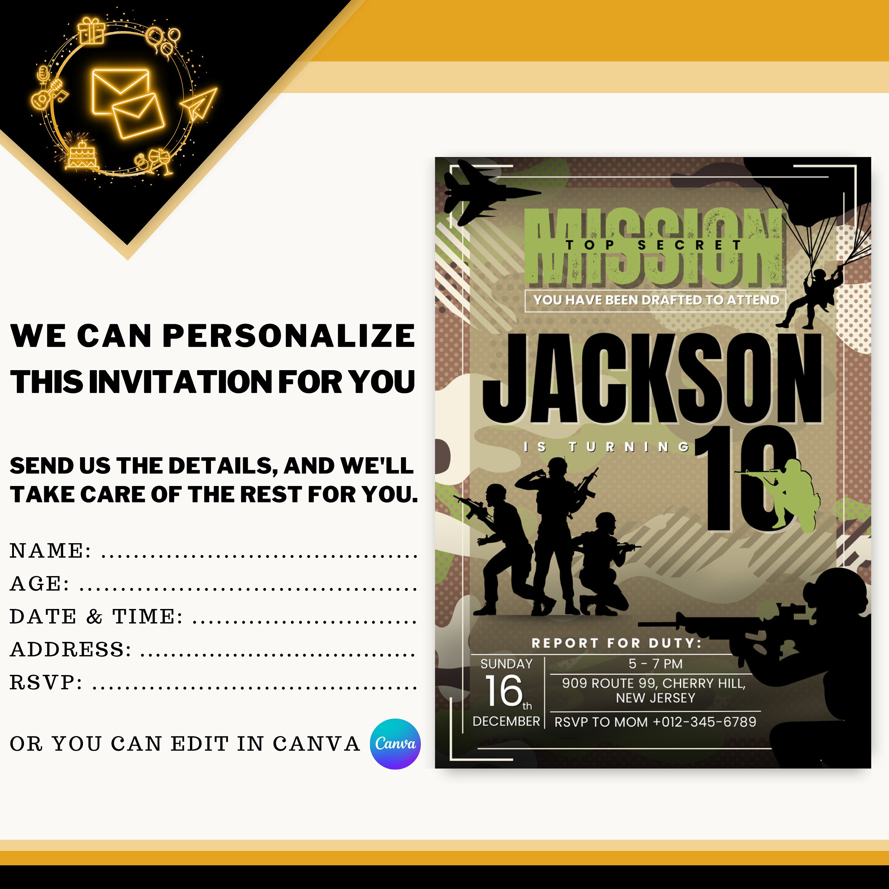 Editable Army Birthday Invitation, Military Birthday Invitation, Army ...