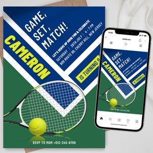 Invitation d’anniversaire de tennis, invitation de balle de tennis, invitation de jeu de tennis, invitation de fête d’anniversaire de sport, modèle de tennis modifiable