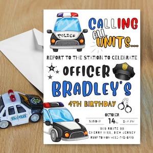 Bewerkbare politie uitnodiging, politieauto verjaardagsuitnodiging, politieagent uitnodiging, 4-jarige verjaardagsuitnodiging, digitale auto uitnodigen